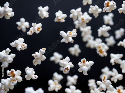 Group popcorn scattered black background is white appears Flying delicious cut
