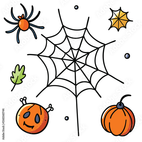 Spooky Halloween Illustration. Spider Web. Pumpkin. and Jack.o.Lantern