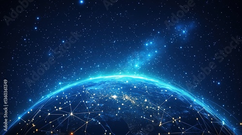 The Earth under a starry sky with glowing network connections and city lights, showing the integration of global digital and urban life.