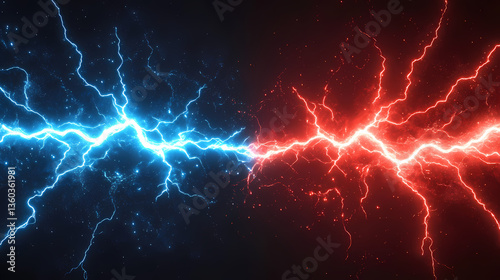 Blue and red lightning striking each other