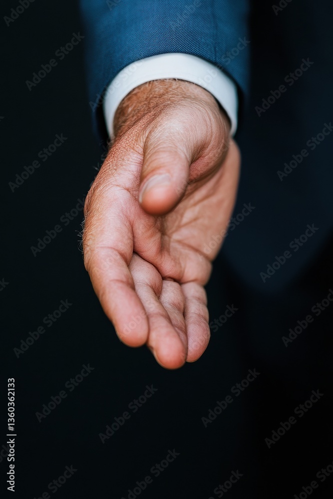 Fototapeta premium Executive Minimalism Professional Hand Gesture in Deep Blue Corporate Aesthetic - Refined Leadership Communication and Modern Workplace Nonverbal Dynamics