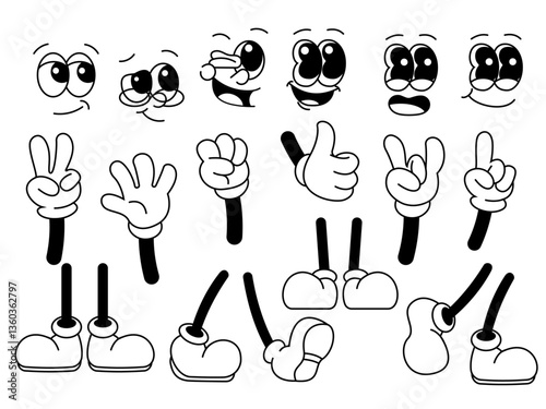 Cartoon retro leg, hand and face. Comic groovy hands in gloves, vintage legs and foot in shoes and funny emotion. Different poses arm and feet. Body parts mascot. Vector set