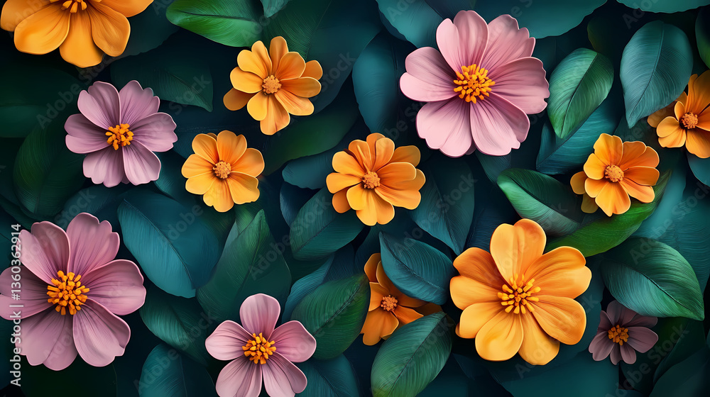 Colorful flowers and leaves on a green background