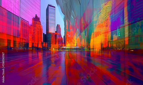 Vibrant urban landscape at sunset with colorful reflections on glass buildings and streets