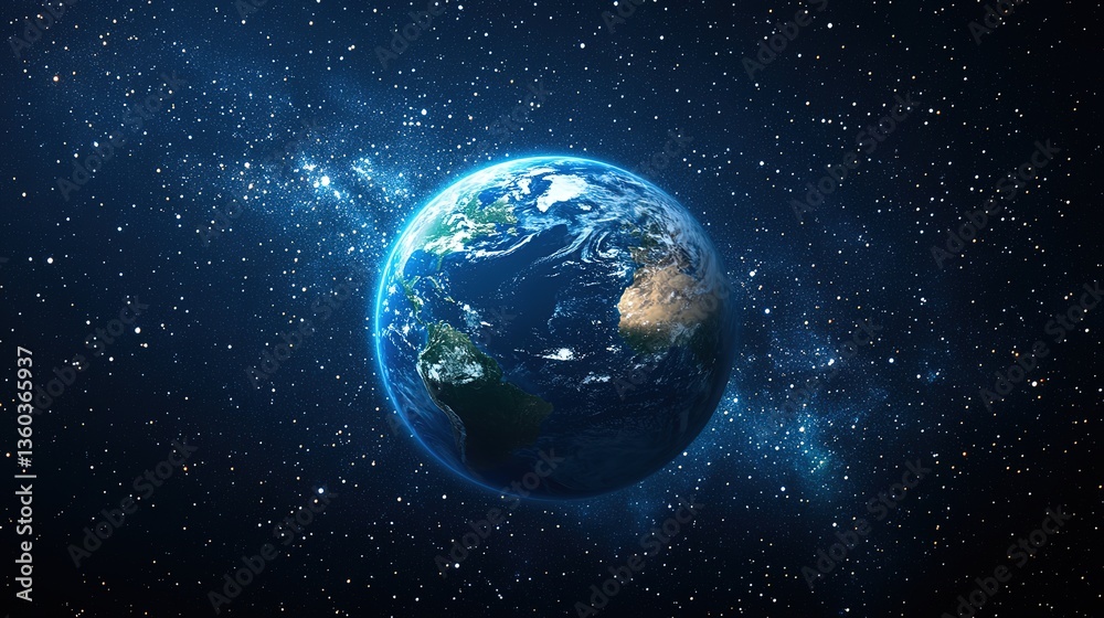 Obraz premium The Earth set against a backdrop of the cosmic starry sky, highlighting the planet's beauty in space.