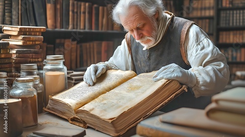 Ancient Book Restoration in a Sunlit Library – Meticulous Conservation of Historical Manuscripts. Generative AI.