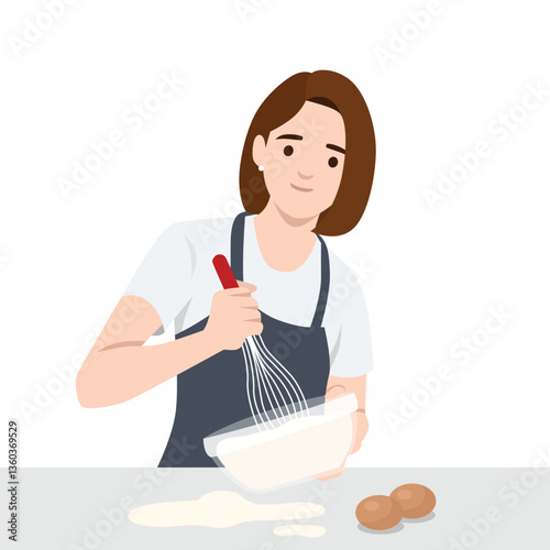 Woman wearing an apron is whisking cake batter in a bowl with a gentle smile. Flat vector illustration