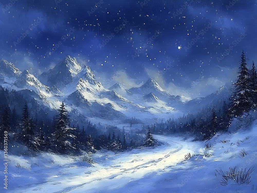 Fototapeta premium Snowy Mountain Path at Night.