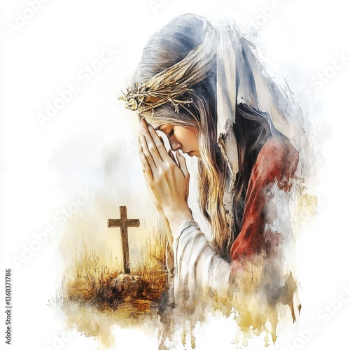 Virgin Mary praying beside the cross symbolizing sorrow devotion and deep connection to the suffering of Jesus  Digital watercolor illustration