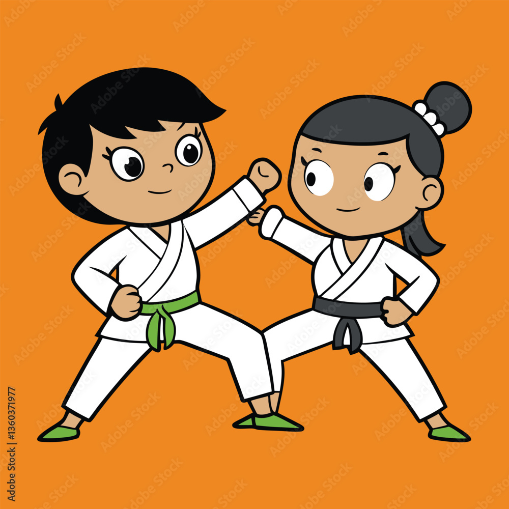 Cartoon Illustration of Two Girls Practicing Karate Cartoon Illustration of Two Girls Practicing Karate