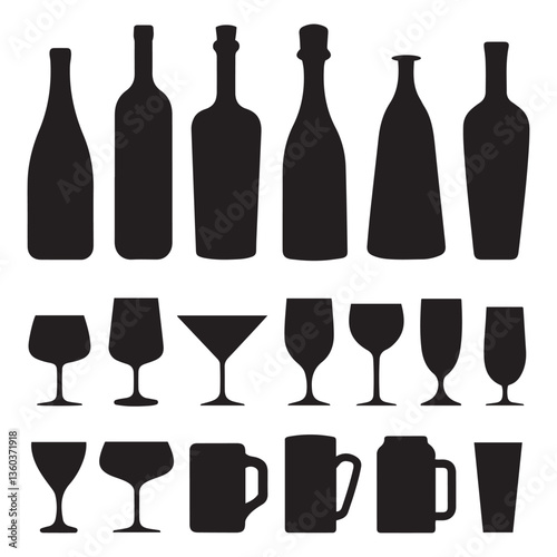 Bottles and Glasses Silhouettes: A Collection of Elegant Drink ware Icons