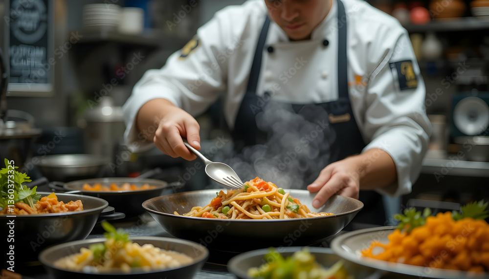 Chef plating spaghetti in kitchen Chef plating spaghetti in kitchen