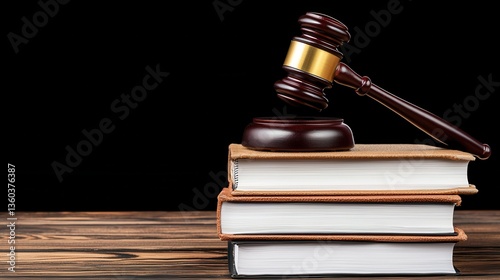 A judge's gavel rests atop a stack of law books on a dark wooden surface against a black background symbolizing justice and legal proceedings.