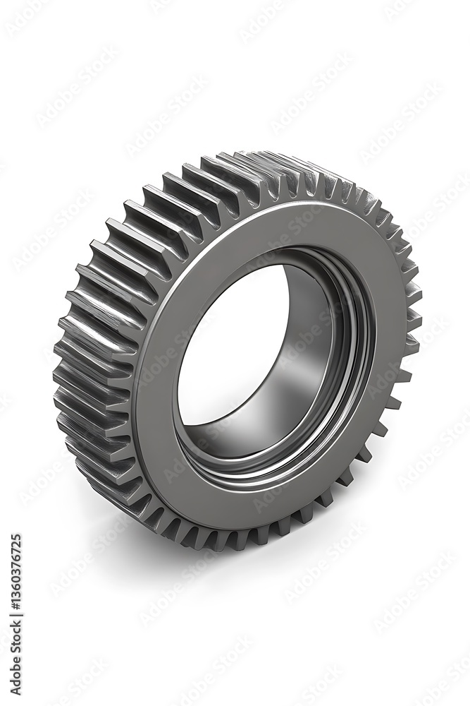 A shiny metallic gear sitting on a solid white background A shiny metallic gear sitting on a solid white background