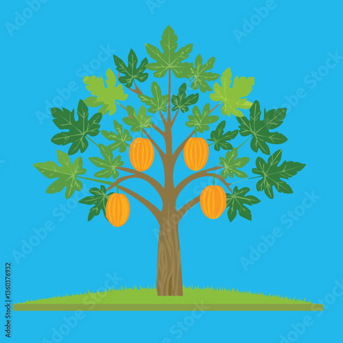 A papaya tree in a tropical setting, showcasing its broad leaves and vibrant, ripe fruit.
