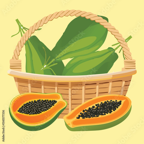A whole papaya resting in a woven basket, with the bright orange fruit standing out against the natural fibers..