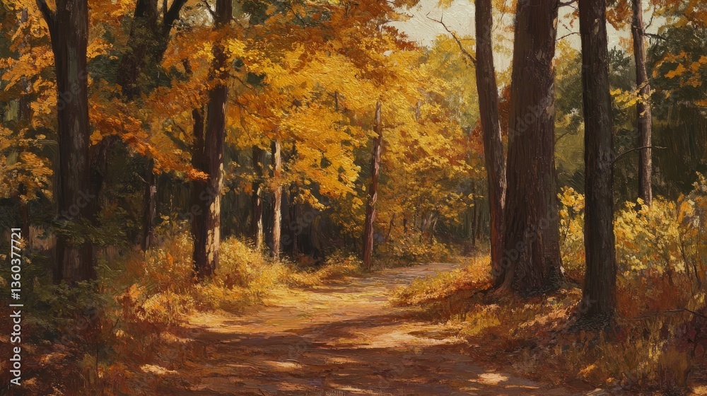 Obraz premium Golden Autumn Leaves on a Forest Path A peaceful forest path covered with a blanket of golden and amber leaves, the trees surrounding it showcasing shades of orange and red. 