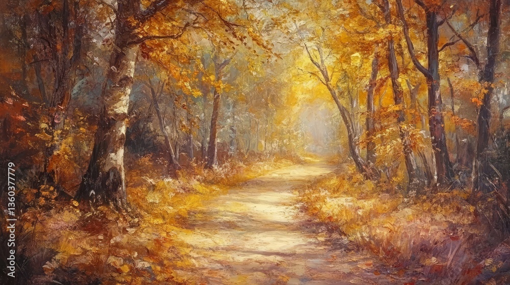 Fototapeta premium Golden Autumn Leaves on a Forest Path A peaceful forest path covered with a blanket of golden and amber leaves, the trees surrounding it showcasing shades of orange and red. 
