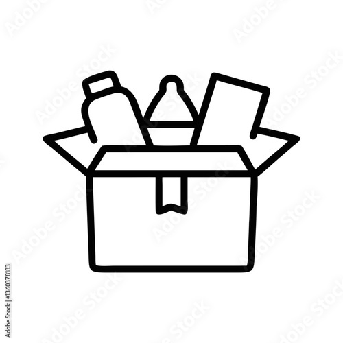 Care package box with essential items in a simple outline style  
