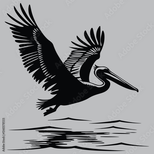 a pelican diving toward the water silhouette vector design art and illustration