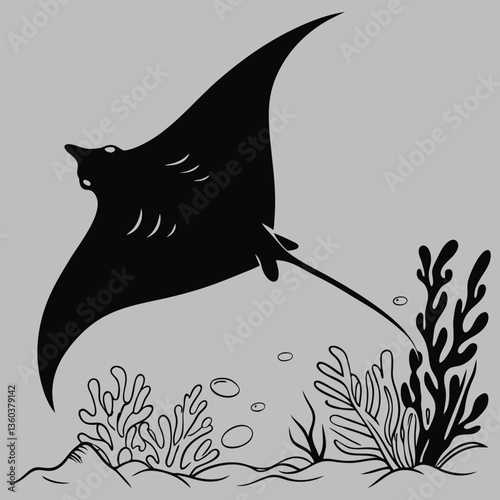 a stingray gliding near the ocean floor silhouette vector design art and illustration
