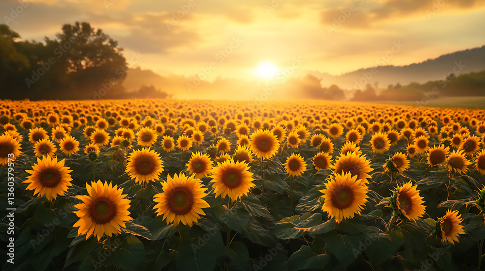 Obraz premium a vast field of sunflowers under a yellow sunrise sky with a faint mist vi