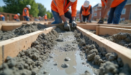 Wallpaper Mural Construction workers lay concrete foundation. Men at work in orange vests, hard hats pouring cement. Wooden formwork for building base, industrial site, construction industry, creating new house. Torontodigital.ca