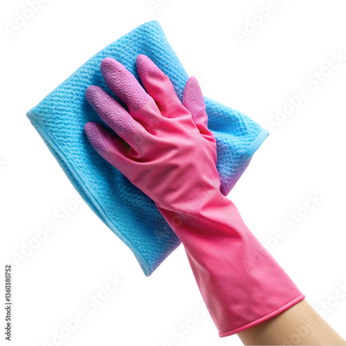 hand in pink glove with blue cleaning rag isolated on transparent background