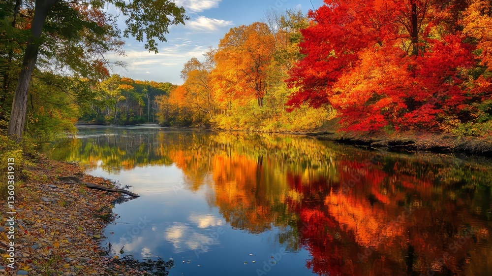 Vibrant Autumn Foliage Along a Riverbank Along a winding riverbank, trees are bursting with vibrant autumn colors of red, orange, and yellow, their reflection mirrored in the calm water Vibrant Autumn Foliage Along a Riverbank Along a winding riverbank, trees are bursting with vibrant autumn colors of red, orange, and yellow, their reflection mirrored in the calm water