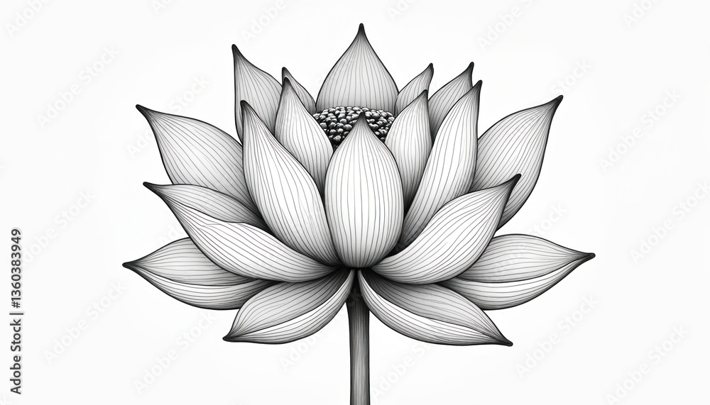 Fototapeta premium Elegant black-and-white lotus flower illustration. Detailed organic shapes with fine flowing lines, forming serene balanced composition. Perfect for design, meditation art. Calm background with copy