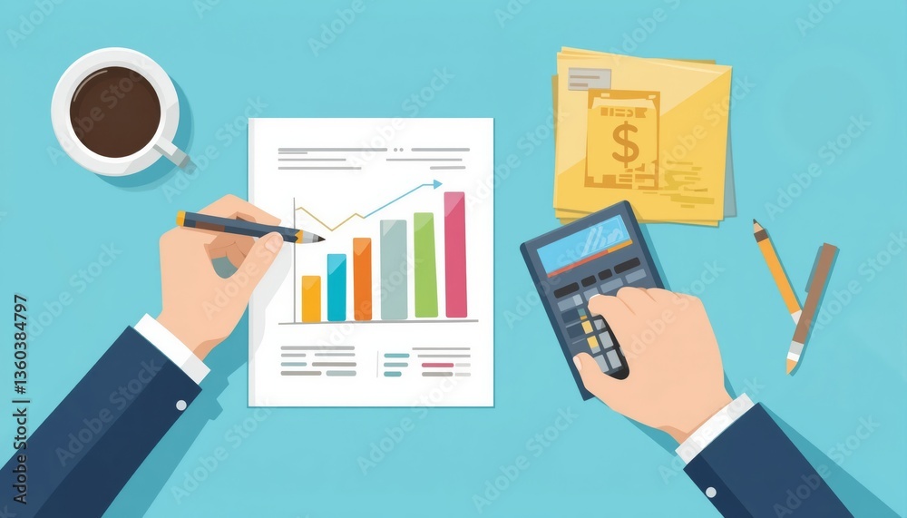 Flat Design Illustration of Financial Analysis with Graphs, Calculator, and Documents