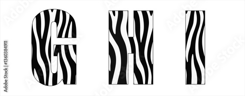 Vector font with zebra pattern on white background.
A set of cartoon letters of english alphabet for
women clothing, fabric, textile, paper, packaging, 
women's handbag, inscription on t-shirt.