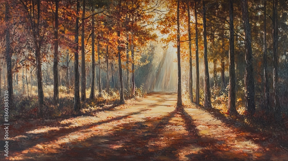 Obraz premium Autumn Woodland with Sunlight Through the Trees The sunlight filters through the branches of tall trees, casting long shadows and golden light across the woodland floor. Fallen leaves cover the path,