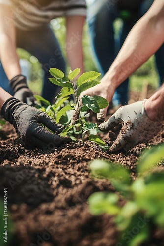 A group people engages in planting young trees in moist soil, promoting reforestation and environmental conservation efforts.