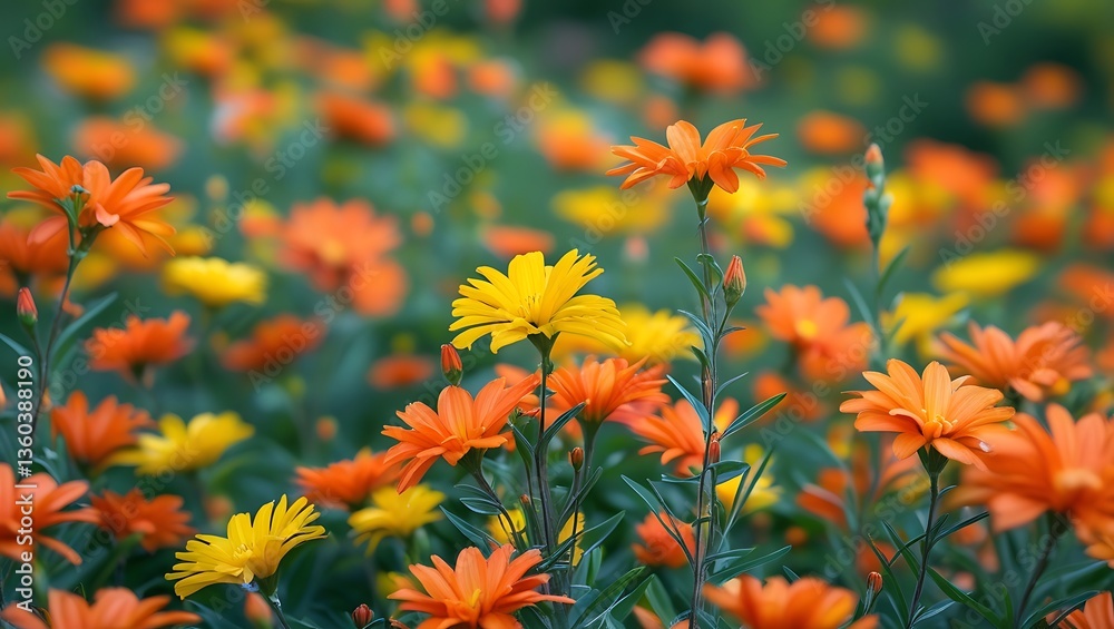 Field of orange flowers surrounded by yellow and orange blossoms Field of orange flowers surrounded by yellow and orange blossoms