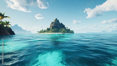 A tropical ocean with a small, uninhabited island in the distance. The water is a vibrant turquoise, and the sky is a clear blue. Perfect for travel and exploration themes.