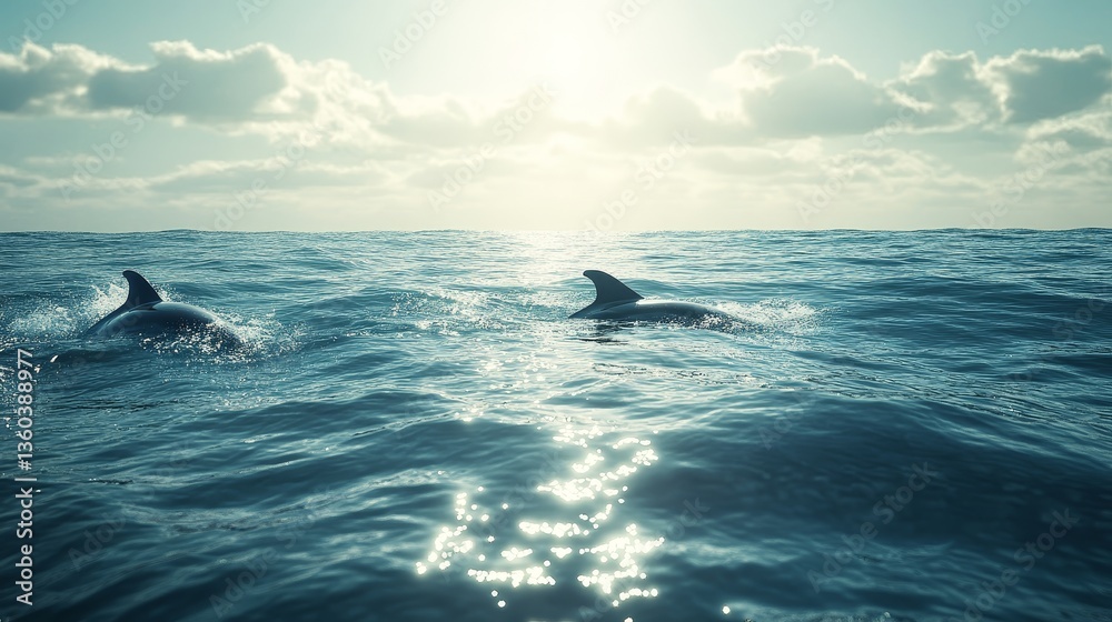 Fototapeta premium A serene ocean with a pod of dolphins swimming near the surface, their fins breaking the water. The sunlight reflects off the waves, creating a sparkling effect. 