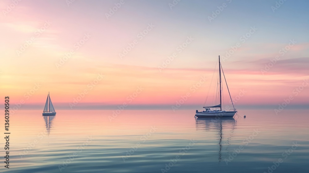 Naklejka premium A peaceful ocean at dusk, with the sky painted in soft pastel colors. The water is calm, and a few sailboats are anchored offshore. Great for relaxation and vacation content.