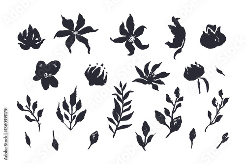 Set of black abstract inky flowers and leaves isolated on white. Monochrome sketchy textured loose floral doodles. Minimalist botanical elements