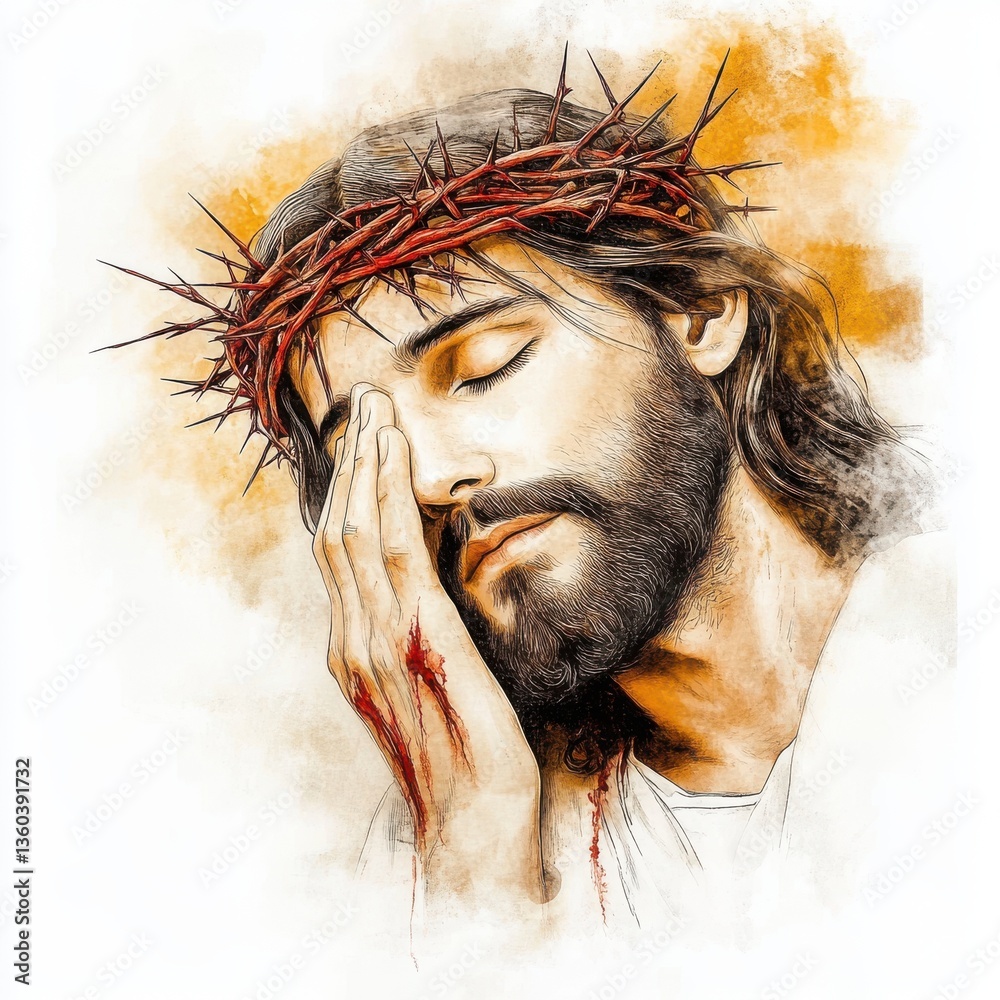 Portrait of Jesus Christ with closed eyes and crown of thorns, his wounded hand gently touching his face, symbolizing divine pain, compassion and sacrificial love. Digital watercolor painting Portrait of Jesus Christ with closed eyes and crown of thorns, his wounded hand gently touching his face, symbolizing divine pain, compassion and sacrificial love. Digital watercolor painting