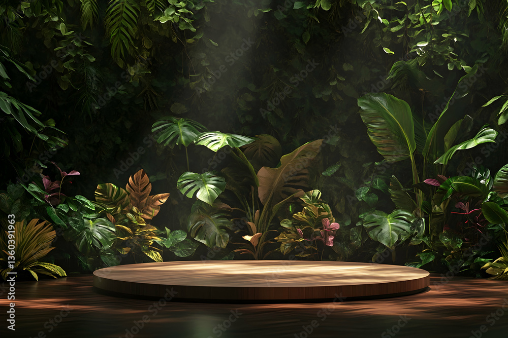 Wooden podium in a lush tropical jungle setting Wooden podium in a lush tropical jungle setting