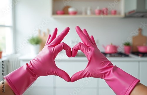 Hands wearing pink gloves shape heart in clean kitchen. Home cleaning concept. Housewife work with love, protecting hands during chores. Cleaning products and kitchenware on background.