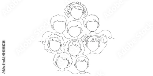 A continuous one line drawing features overlapping silhouettes of children's heads, symbolizing awareness of Down syndrome. This minimalist illustration highlights the importance of equal rights.