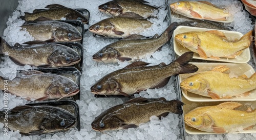 Fresh Bullhead Catfish and Yellow Fish on Ice at Supermarket - Fresh bullhead catfish and yellow fish displayed on ice at a supermarket.  A symbol of healthy eating, fresh seafood, market shopping