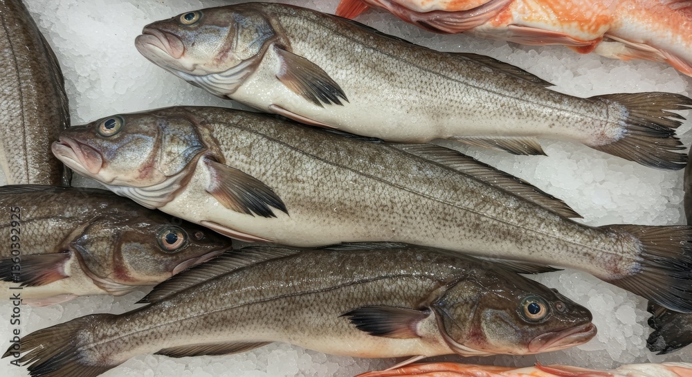 Obraz premium Fresh Burbot on Ice at the Supermarket - Frozen burbot fish on ice, fresh seafood, market display, cold storage, winter catch. These five concepts represent freshness, quality, preservation
