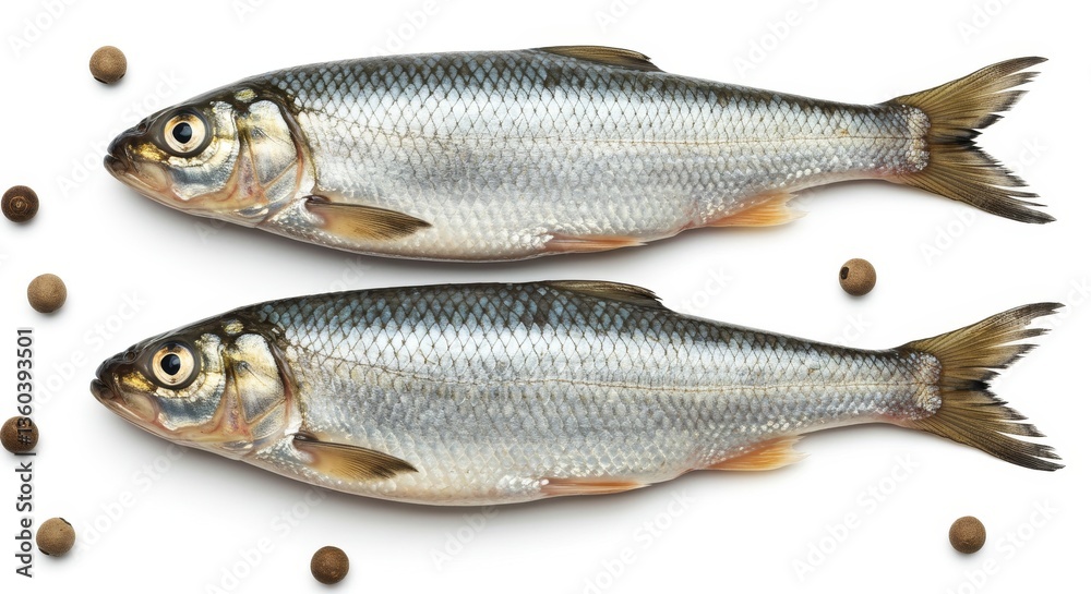 Fresh Cisco Lake Herring on White Background - Two pristine Cisco Lake Herring, ready for cooking, symbolize freshness, natural goodness, healthy eating, delicious flavor, and culinary excellence. Fresh Cisco Lake Herring on White Background - Two pristine Cisco Lake Herring, ready for cooking, symbolize freshness, natural goodness, healthy eating, delicious flavor, and culinary excellence.