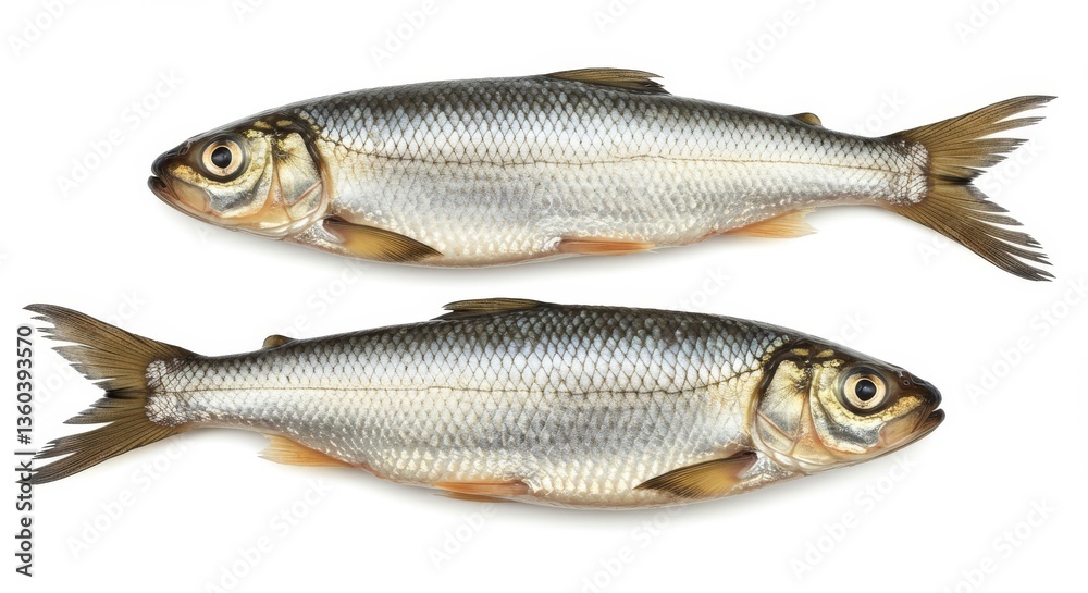 Fresh Cisco Lake Herring Pair on White - Two pristine Cisco Lake Herring, showcasing their silvery scales and delicate features, symbolize freshness, purity, natural goodness, healthy eating Fresh Cisco Lake Herring Pair on White - Two pristine Cisco Lake Herring, showcasing their silvery scales and delicate features, symbolize freshness, purity, natural goodness, healthy eating