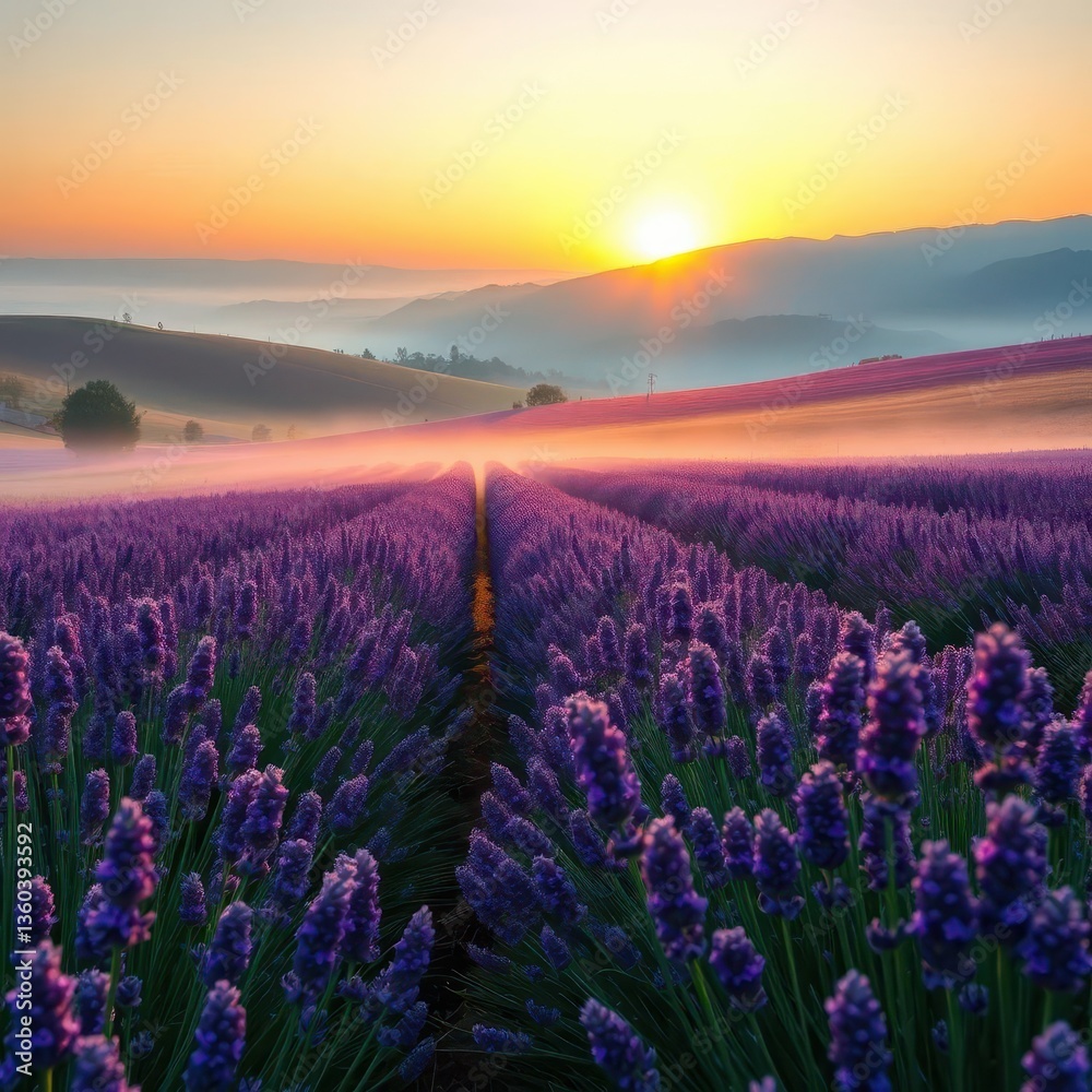 Fototapeta premium Lavender field sunrise, misty hills, soft light, image, outdoor, lavender