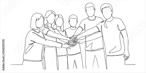 A continuous one line drawing depicts a group of young male and female business professionals joining their hands together to create a five-star shape. This minimalist vector illustration represent.