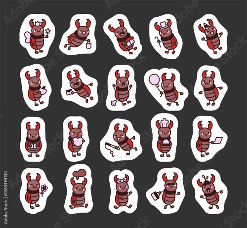 Cute kawaii stag beetle characters with happy cartoon emotions for fun, joy, entertainment, expressions, lifestyle, activity, creativity, playful, cheerful, friendly, smiling